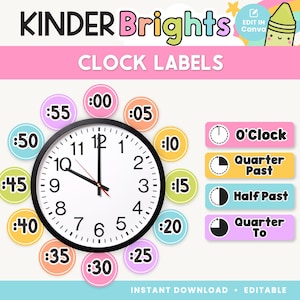 May include: A digital download featuring clock labels and a clock face. The labels are in various colors and display time increments. The clock face is black with white numbers and hands. The text "CLOCK LABELS" is displayed.