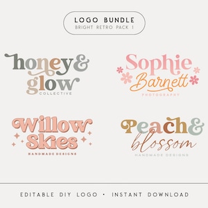 Editable Logo Design, DIY Retro Boho Logo Bundle, Cute Photography Logo, Groovy Logo, Simple Logo, Instant Download, Watermark Included