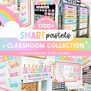 Editable Classroom Smart Pastels Complete Collection Printable Bundle, Canva Templates Classroom Management, Bright Organization Display