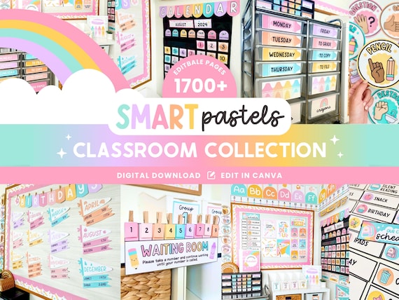 Editable Classroom Smart Pastels Complete Collection Printable Bundle, Canva Templates Classroom Management, Bright Organization Display