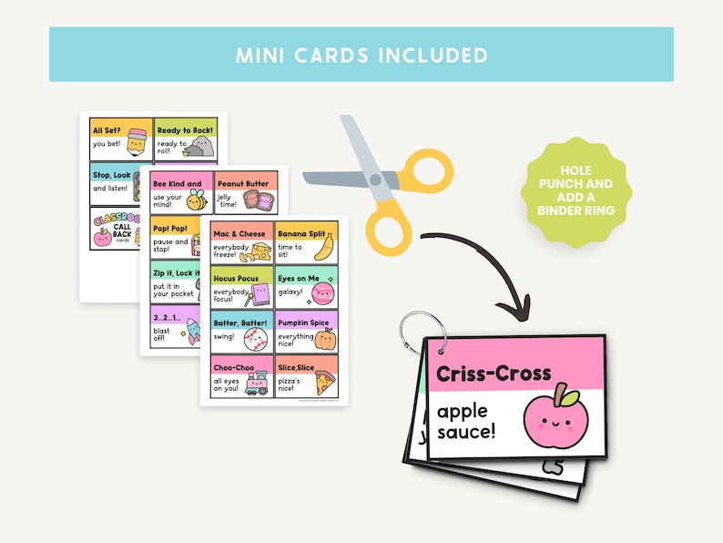 May include: A set of colorful mini cards with different phrases and illustrations. The cards are designed to be used for a "call back" game. The cards are shown with a hole punch and a binder ring, suggesting they can be used as a set of flashcards.