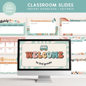 Groovy Classroom Google Slides and Canva Editable Presentation Templates, Weekly Daily Morning Meeting, Welcome, Teacher Classroom Decor