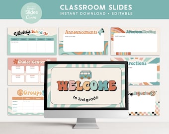 Groovy Classroom Google-dia's en bewerkbare canva-presentatiesjablonen, wekelijkse dagelijkse ochtendvergadering, welkom, inrichting docentklas