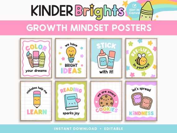 Growth Mindset Editable Classroom Printable Posters, Bright Kinder Rainbow Classroom Decor, INSTANT DOWNLOAD, PDFs + Editable Canva Template