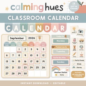 Op de afbeelding: Een klaslokaal kalender met de tekst "calming hues" en "CLASSROOM CALENDAR". De kalender bevat een september 2026 kalender, een weerstation en andere educatieve elementen. Het ontwerp is in zachte pastelkleuren.