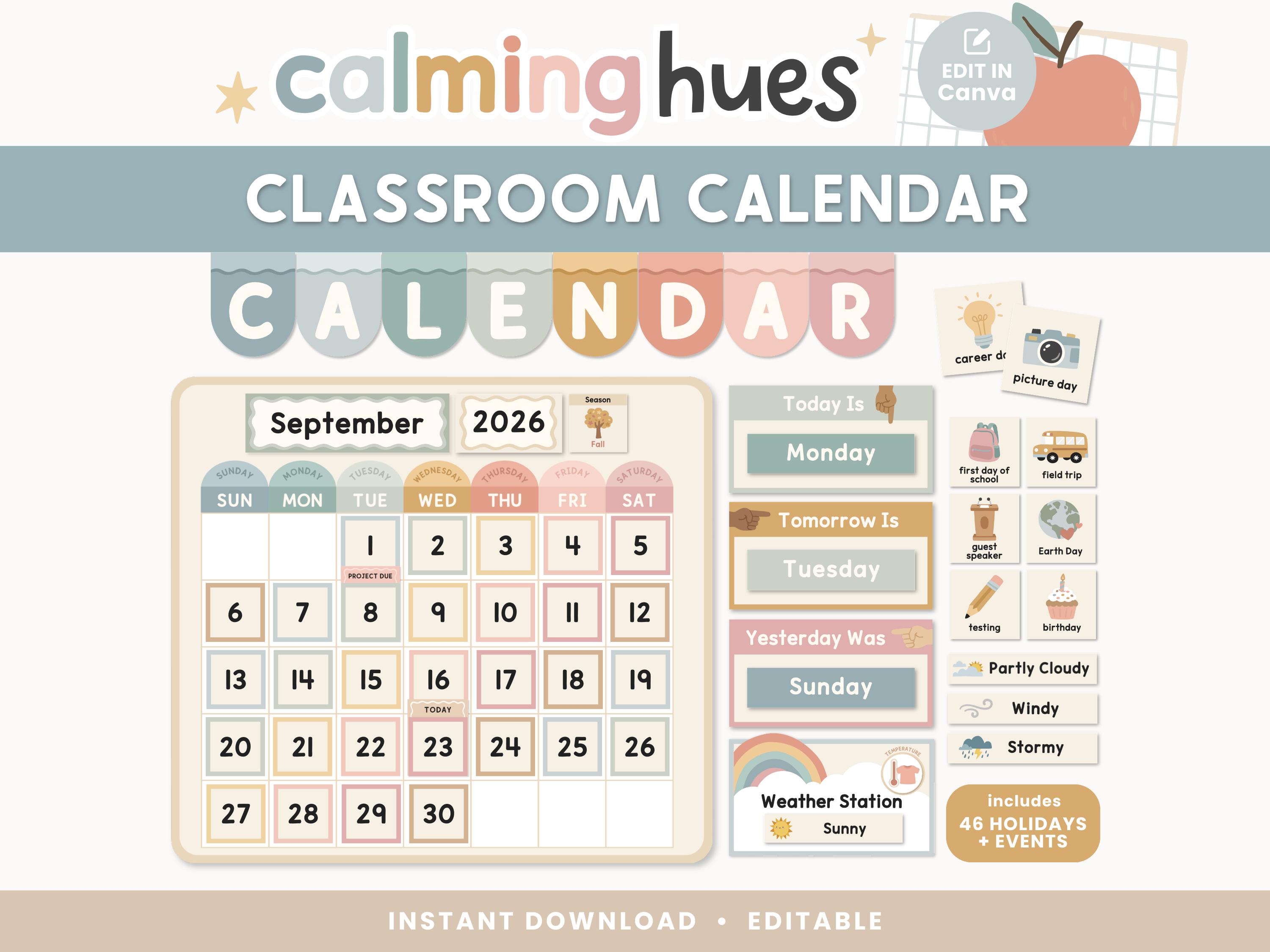 Editable Classroom Calendar | Calming Hues Canva Template | Printable ...
