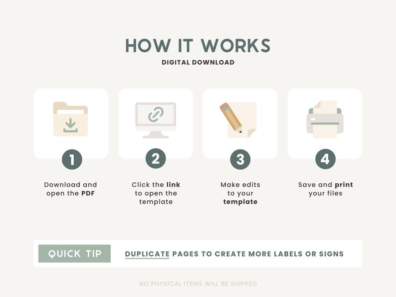 May include: A four-step guide on how to download, open, edit, and print a digital template. The steps are illustrated with icons: a folder with a download arrow, a computer with a link icon, a pencil on a piece of paper, and a printer. The text "HOW IT WORKS" and "DIGITAL DOWNLOAD" is at the top of the image. The text "QUICK TIP" and "DUPLICATE PAGES TO CREATE MORE LABELS OR SIGNS" is at the bottom of the image.