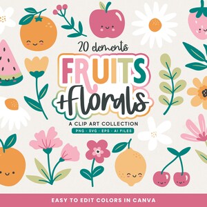Frutas + Florais Clip Art SVGs, PNGs, EPS, Arquivos AI, Bagas, Flores, Plantas, Limões, Maçãs Canva Clipart Ilustrações