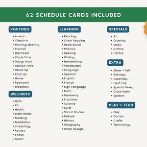 Op de afbeelding: Een beige schema kaart met een groene koptekst met de tekst "62 SCHEMA KAARTEN INBEGREPEN". De kaart bevat routines, leeractiviteiten, specials, extra activiteiten, wellness praktijken en speel/tech opties. Inclusief een "Edit + Add Your Own!" sticker.