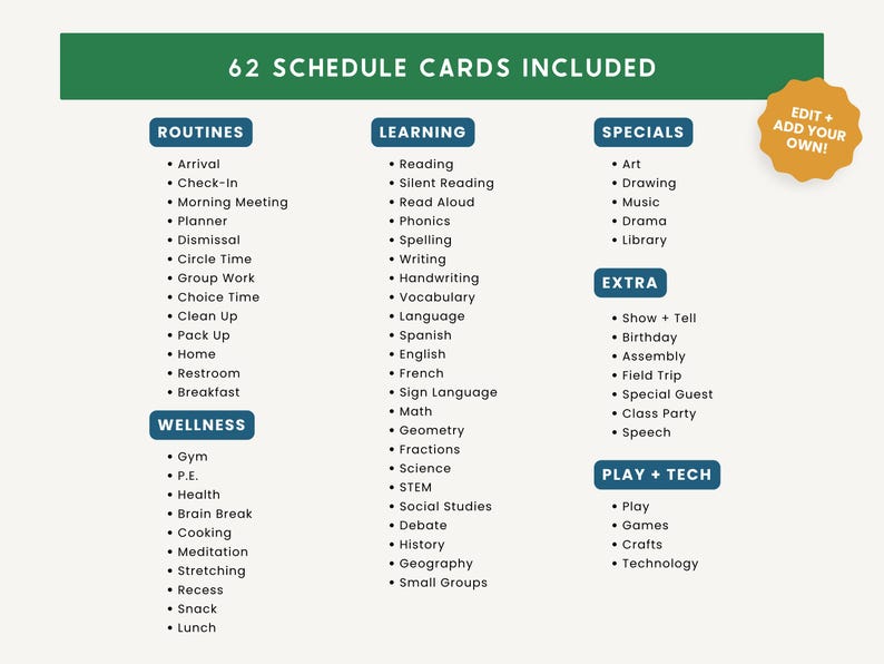Op de afbeelding: Een beige schema kaart met een groene koptekst met de tekst "62 SCHEMA KAARTEN INBEGREPEN". De kaart bevat routines, leeractiviteiten, specials, extra activiteiten, wellness praktijken en speel/tech opties. Inclusief een "Edit + Add Your Own!" sticker.
