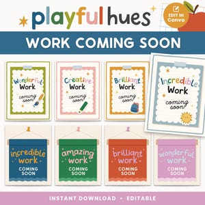 以下が含まれることがあります： 「Work Coming Soon」というテキストが様々な色やスタイルで書かれた、8種類の印刷可能なデジタルサインのコレクション。スカラップ状の縁取り、吊り下げバナー、絵筆、鉛筆、バックパック、太陽のイラストが含まれています。