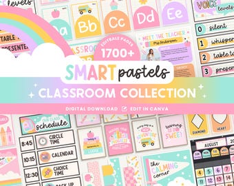 May include: A digital classroom collection with a pastel rainbow and cloud design. The image features various educational printables, including alphabet cards, schedule templates, and voice level charts. Text includes "SMART pastels CLASSROOM COLLECTION" and "DIGITAL DOWNLOAD".
