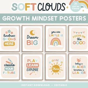 Wachstumsmentalität Klassenzimmer druckbare Poster, bearbeitbares positives niedliches Klassenzimmer, Pastell Boho Lehrer Dekor Printables + Canva Vorlagen