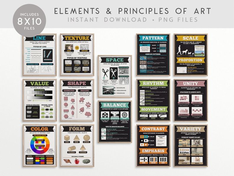 Element och principer för konstklassrumsutskriftspaket, konstklassrum, konstutbildning, DIREKT NEDLADDNING - 8x10 - totalt 14 affischer bild 1