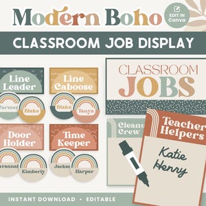 Classroom Job Display, Editable Canva Templates, Modern Boho Classroom Decor, Teacher Management, PDFs + Templates