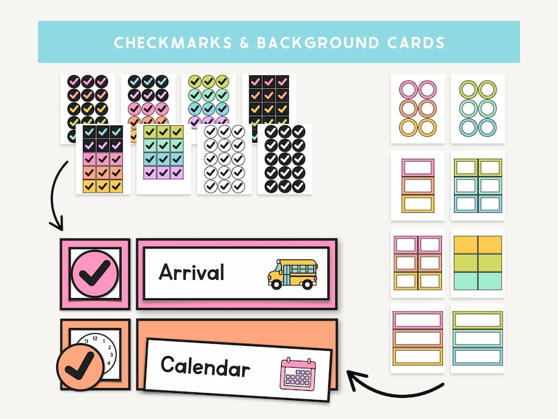 May include: A collection of colorful checkmark and background cards. The cards feature checkmarks in various colors, along with labels such as "Arrival" and "Calendar." The image includes a school bus and calendar illustrations.