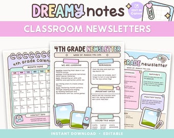May include: A set of printable classroom newsletters and a calendar with a pastel color scheme. The newsletters include sections for learning, reminders, and important dates. The text "Dreamy Notes" and "Classroom Newsletters" are at the top.