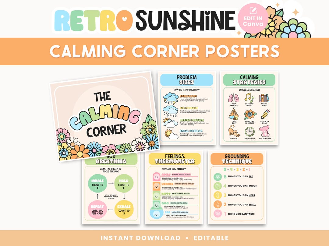 Calming Corner Editable Classroom Printables, Calm Down Skills, Canva ...