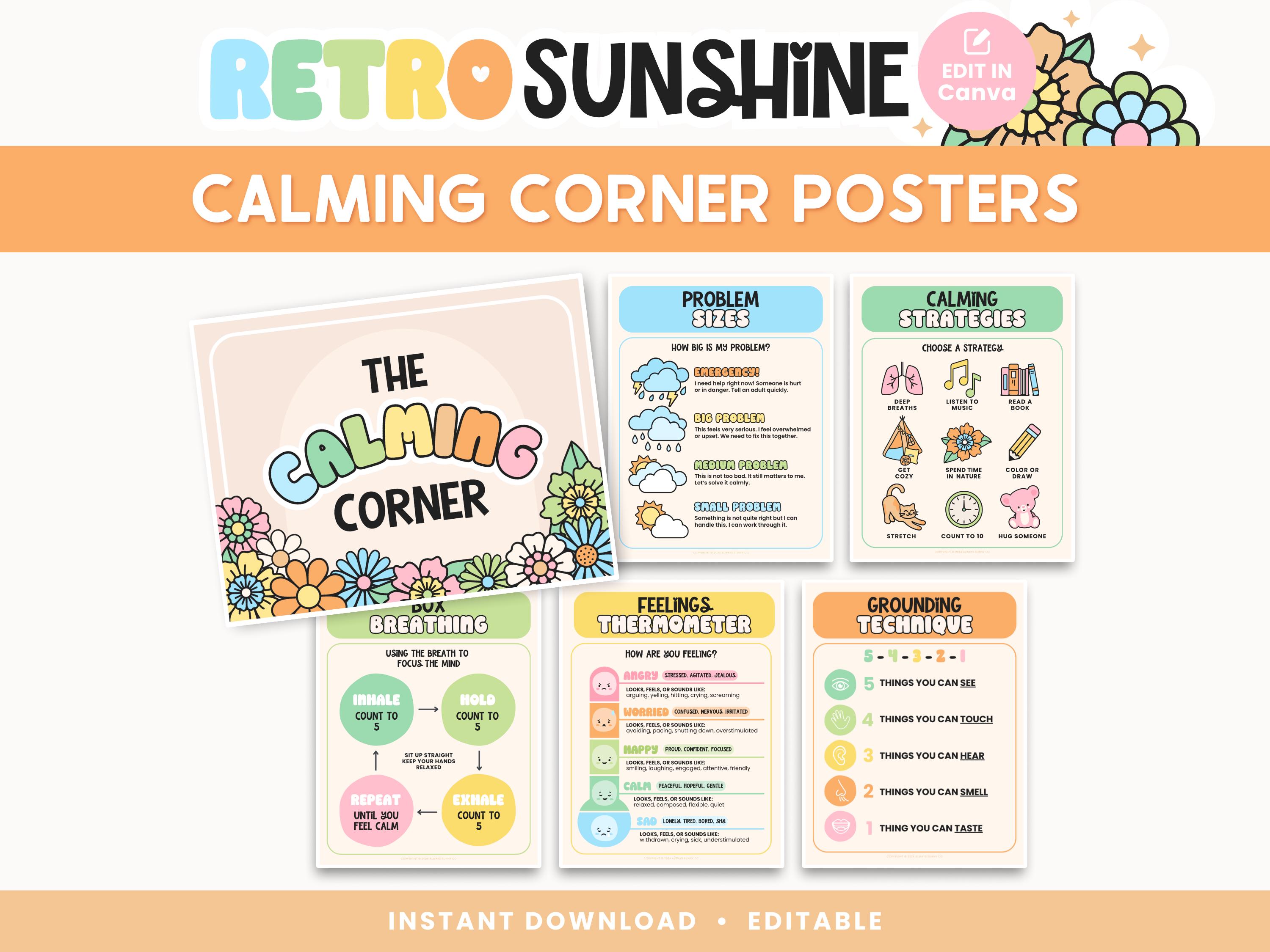 Calming Corner Editable Classroom Printables, Calm Down Skills, Canva ...