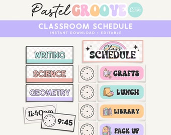 Classroom Schedule, Editable Classroom Printables, School Timetable, Pastel Groovy Canva Classroom - INSTANT DOWNLOAD Editable Template