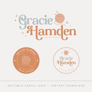 Editable Logo Design, DIY Canva Modern Boho Knitting Logo, Retro Knit Yarn Ball Logo Template, Handmade Boutique Logo, Instant Download