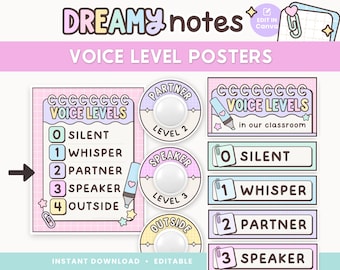 May include: A set of pastel-colored classroom voice level posters. The posters include levels from silent to outside, with corresponding numbers and illustrations. The design features the text "Dreamy Notes" and is labeled as an instant download and editable.