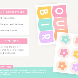 Puede incluir: Un conjunto de pancartas de cumplea&ntilde;os en colores pastel con las palabras "BIR" y "OU" en banderas separadas. Incluye pegatinas de flores y texto que dice "INCLUDED ITEMS" y "SIZE INFO". Los archivos miden 21,6 cm x 27,9 cm.