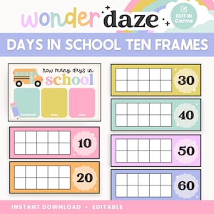 Classroom Days in School Ten Frames Printable Display, Editable in Canva, Bright Pastel Classroom Counting Decor, PDFs + Teacher Templates