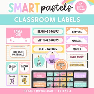 Classroom Labels Editable Templates, Bright Pastels Classroom Organization, Rainbow Bin + Drawer Labels, Teacher Toolbox, Canva Templates