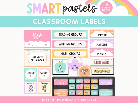 Classroom Labels Editable Templates, Bright Pastels Classroom Organization, Rainbow Bin + Drawer Labels, Teacher Toolbox, Canva Templates