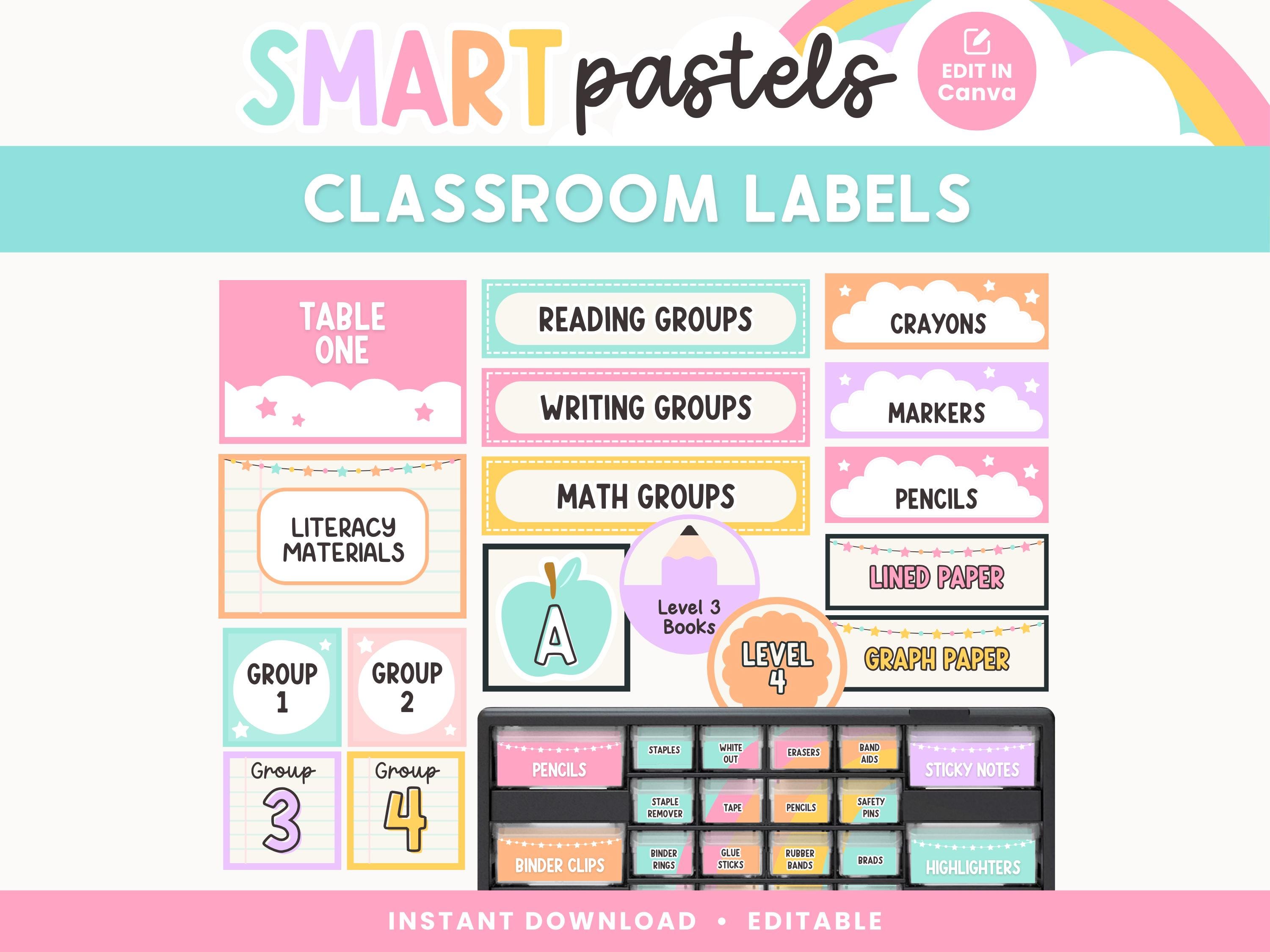 Classroom Labels Editable Templates, Bright Pastels Classroom Organization, Rainbow Bin + Drawer Labels, Teacher Toolbox, Canva Templates
