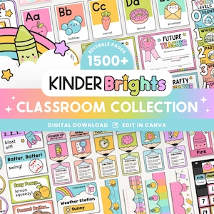 Editable Classroom Kinder Brights Printable Bundle, Canva Templates Classroom Theme, Teacher Management, Bright Organization Display