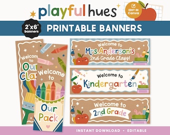 Bewerkbare 2 x 6 afdrukbare klasbanners | Palyful Hues kraftpapier welkomstbanners | Bewerkbare Back to School-canvasjablonen