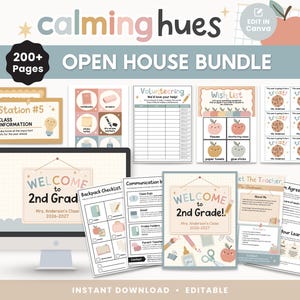 Könnte beinhalten: Ein digitales Open-House-Bundle mit dem Text "calming hues" und "Open House Bundle". Das Bundle enthält druckbare Vorlagen für die Klassenorganisation, darunter ein Willkommensschild, eine Wunschliste und Kommunikationsformulare. Sofortiger Download und editierbar.