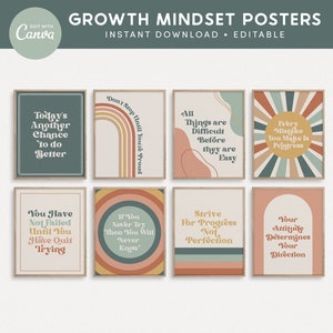 Growth Mindset Editable Classroom Printable Posters, Modern Boho Classroom Decor, INSTANT DOWNLOAD - 8x10 + Canva Templates