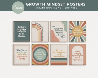 Growth Mindset Editable Classroom Printable Posters, Modern Boho Classroom Decor, INSTANT DOWNLOAD - 8x10 + Canva Templates