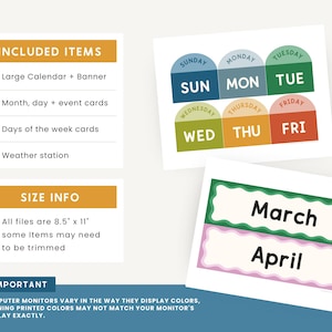 Peut inclure: Un ensemble &eacute;ducatif color&eacute; avec des cartes de calendrier, des cartes de jours de la semaine et des cartes de mois. L'ensemble comprend un grand calendrier et une banni&egrave;re, des cartes de mois, de jours et d'&eacute;v&eacute;nements. Tous les fichiers mesurent 21,6 cm x 27,9 cm.