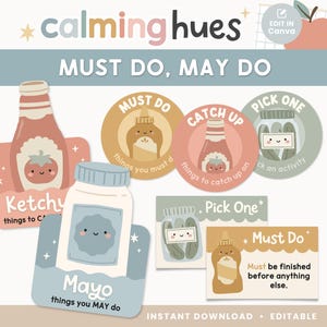 Peut inclure: Un ensemble d'étiquettes de tâches imprimables avec des illustrations de condiments. Le set comprend des autocollants circulaires et rectangulaires avec du texte comme Must Do, Catch Up, Pick One, Ketchup et Mayo, dans des tons doux.