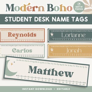 Student Desk Name Labels, Editable Classroom Printables, Student Name Tags, Boho Canva Classroom - Canva Editable Template