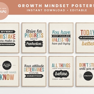 Edytowalne plakaty do wydrukowania w klasie Growth Mindset, dekoracja Boho Canva Classroom Quote, natychmiastowe pobieranie 8x10 wydruków + edytowalne szablony
