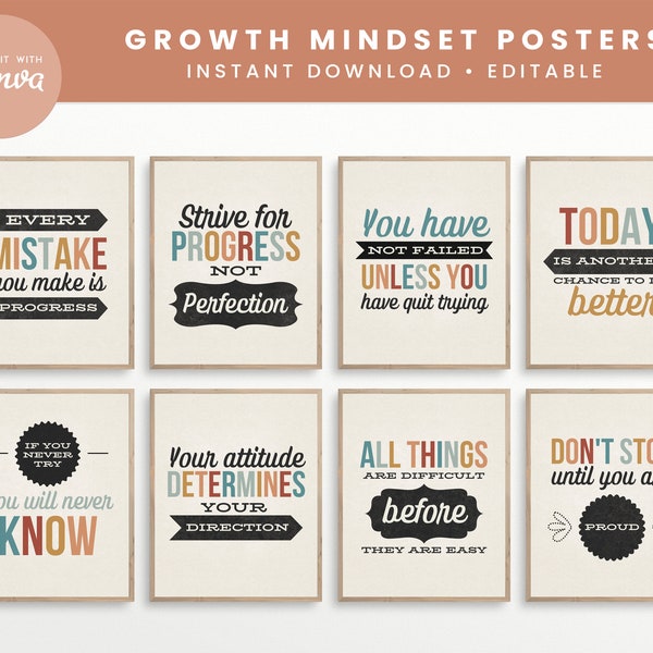 Editable Growth Mindset Classroom Printable Posters, Boho Canva Classroom Quote Decor, INSTANT DOWNLOAD 8x10 Printables + Editable Templates