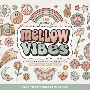 Imágenes prediseñadas retro con mucho estilo SVGS, PNG, EPS y archivos AI, Mellow Vibes Flower Power, signo de la paz, arcoíris hippie, ilustraciones prediseñadas