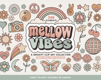 Groovy Retro Clip Art SVGS, PNGs, EPS, AI Files, Mellow Vibes Flower Power, Peace Sign, Hippie Rainbow, Clipart Illustrations