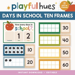Puede incluir: Recurso educativo digital "Playful Hues Days in School Ten Frames". El diseño presenta marcos de diez coloridos, ilustraciones de manzanas y números del 10 al 60. El texto incluye "How many days in school?" y "Instant Download Editable."