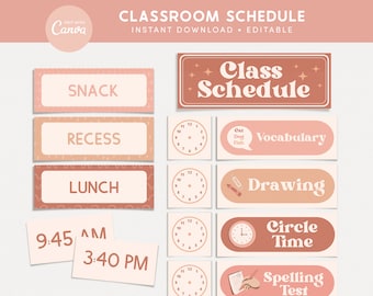 Classroom Schedule, Editable Classroom Printables, School Timetable, Boho Canva Classroom - PDFs + Editable Template