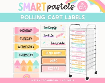 May include: Pastel-coloured rolling cart labels with text including "Monday," "Tuesday," "Wednesday," and "Thursday." Additional labels read "To Copy," "To File," and "To Grade." The words "SMART pastels" and "ROLLING CART LABELS" are at the top.