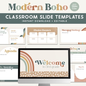 Boho Classroom Google Slides and Canva Editable Presentation Templates, Weekly Daily Morning Meeting, Welcome, Teacher Classroom Decor