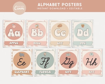 Alphabet Classroom Editable Posters, Groovy Letter Templates, Retro Canva Classroom Decor - PDFs + Editable Templates