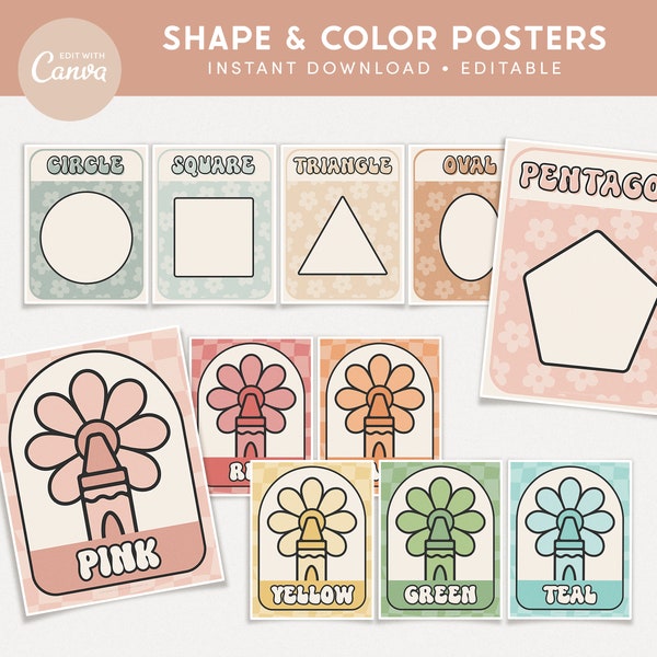 Classroom Shapes and Colors Printable Display, Editable in Canva, Pastel Retro Classroom Bulletin Board Decor, PDFs + Teacher Templates