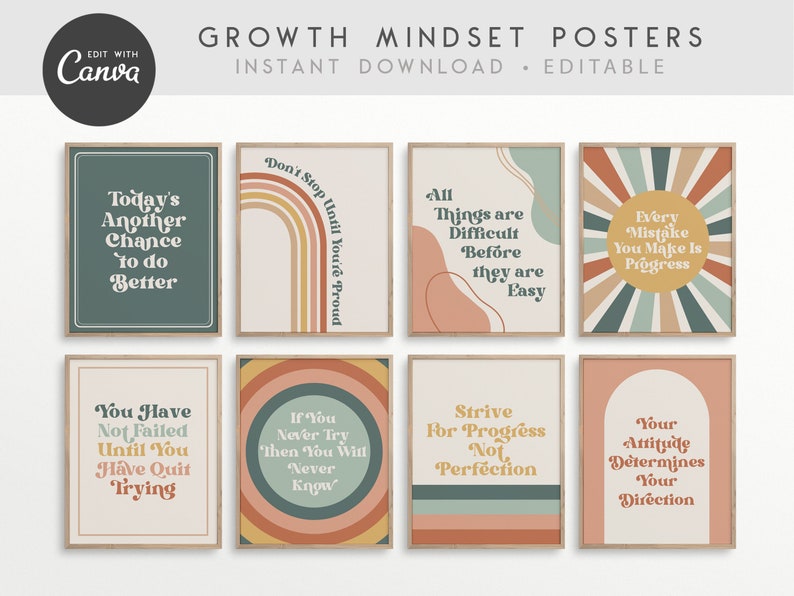 Growth Mindset Editable Classroom Printable Posters, Classroom Quotes, Classroom Decor, INSTANT DOWNLOAD - 8x10 and Editable Canva Templates 